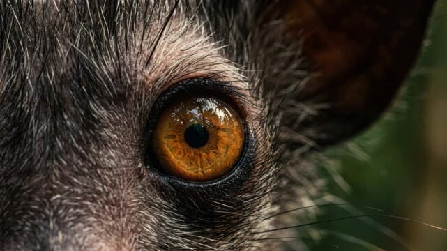 Aye-aye lemur glowing amber eye blinking in nocturnal forest macro shot