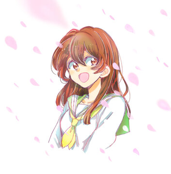 明るいセーラー服の女子学生　笑顔　桜吹雪