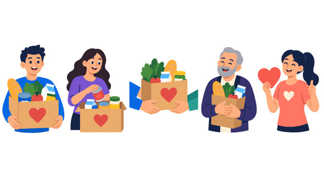 People holding heart-marked grocery boxes for community food aid
