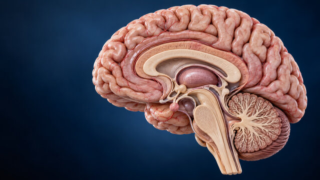 Detailed human brain cross section sagittal view showing internal anatomy cerebellum brainstem and cerebral cortex medical 3d illustration