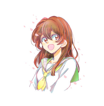 明るいセーラー服の女子学生　笑顔　桜吹雪