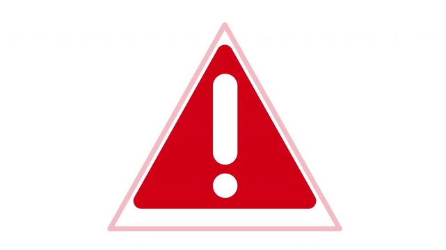 Warning sign animation, pulsing red triangle with white exclamation mark, danger and caution alert icon on white background