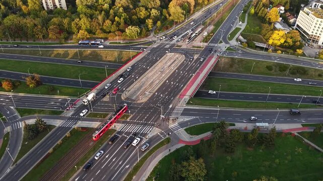Top-down aerial view of a busy intersection in Krakow city, Poland