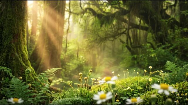 Sunlight streaming through the trees of a lush green mossy forest with blooming wildflowers and ferns