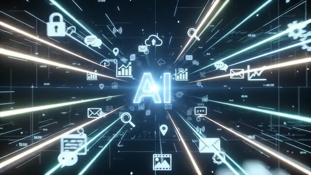 Abstract Futuristic Visualization of Glowing AI Core Generating Multitude of Digital Command Icons for Global Technology and Intelligent Data Starburst Concept