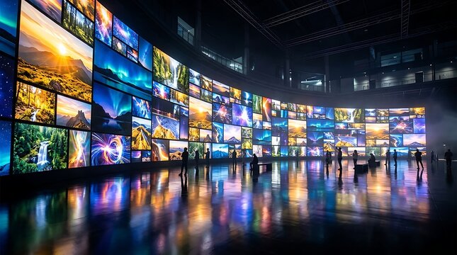 Large wall composed of multiple screens displaying diverse landscape and nature images with video wall