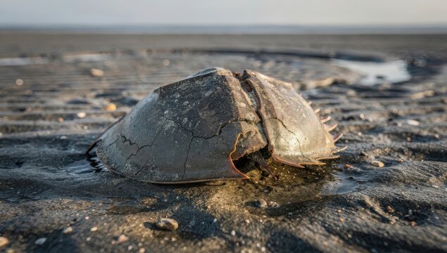 Horseshoe crab shell rests on the wet, rippled sand of a tidal beach, showing the intricate textures of the exoskeleton after the tide has receded at the shoreline.