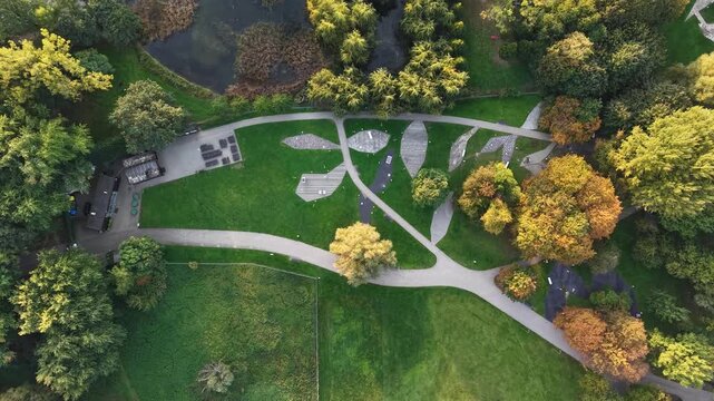 Top-down shot of Experimental Garden (Ogrod Doswiadczen) in Krakow city, Poland