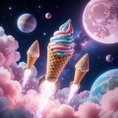 Fototapeta premium Surreal ice cream cone rockets launch into outer space among colorful planets, pink clouds. Sweet dessert treats fly through galaxy with stars, nebulae. Fantasy cosmic concept shows vanilla,