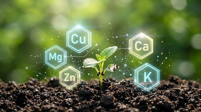 Small green plant seedling growing in soil with floating nutrient mineral chemical element icons