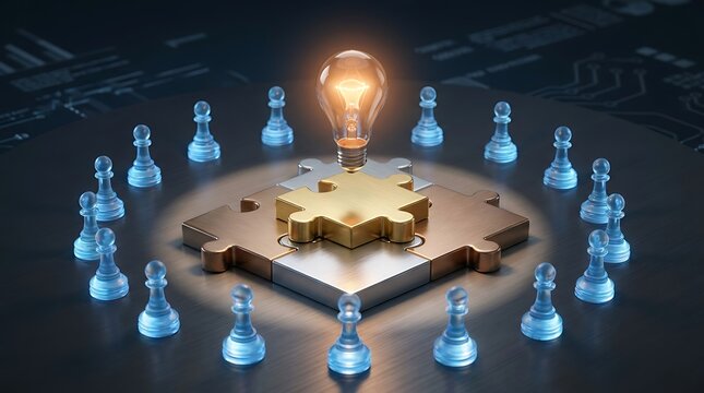 Glowing light bulb on top of a central gold puzzle piece surrounded by blue chess pieces with strategic thinking