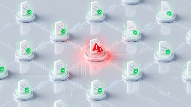 Digital network with one computer server icon glowing red indicating a cyber security threat data breach server error