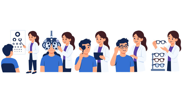 Optometry care scenes showing eye exams and glasses fitting