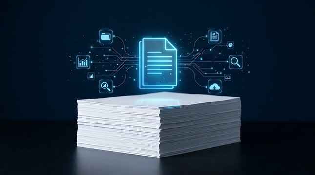 Stack of white paper documents with glowing digital file icons floating above digital document file icon office paper