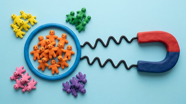 Red and blue magnet attracting orange human figures inside a blue hoop with human resources