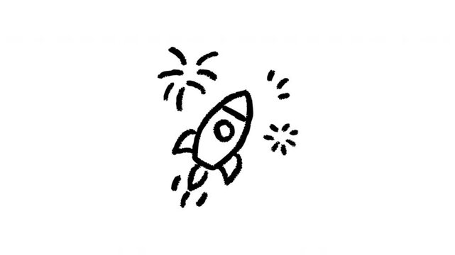 Rocket Ship For Launch And Space Exploration Wiggle Doodle Animation With Alpha Channel. Spacecraft Symbol And Startup Success, Transparent Background. 4K Loop Hand Drawn Icon.