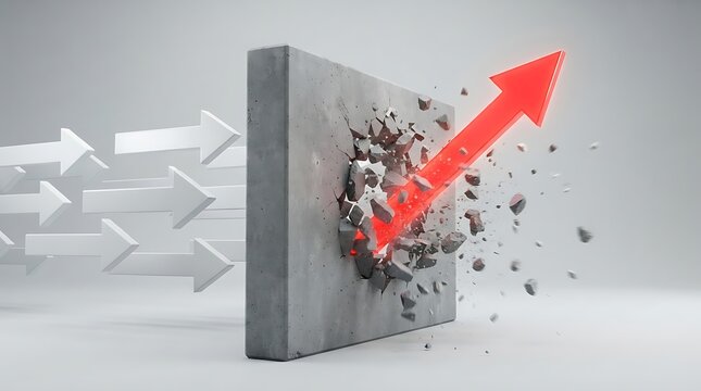 Red arrow breaking through a concrete wall representing business success and overcoming obstacles with breakthrough