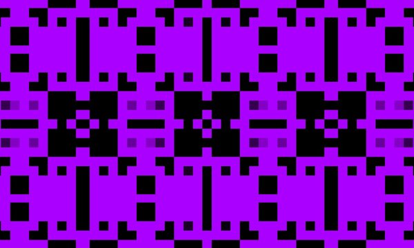 Seamless geometric pixel art pattern with purple vertical blocks and cross symbols on a black grid