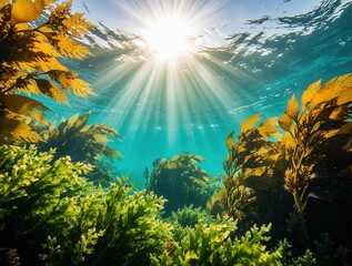 Fototapeta premium Green seaweed, yellow algae float in clear blue ocean water. Sun rays shine through surface to underwater marine plants. Natural aquatic ecosystem with rich sea flora under bright sunlight in