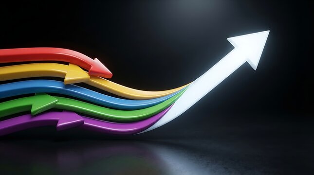 Colorful arrows converging into a single upward trending white arrow against a dark background with business success