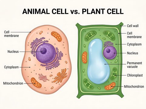 Educational comparative biology illustration of animal and plant cell structures