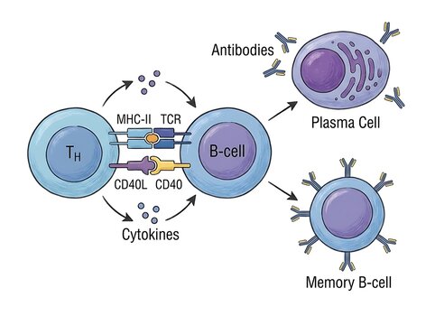 Medical vector diagram showing t cell and b interaction and antibody