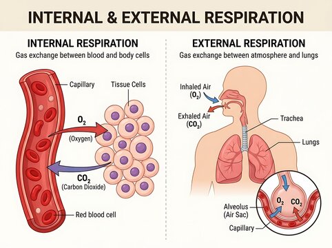 Diagram showing internal and external respiration gas exchange processes