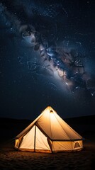 Fototapeta premium Glowing bell tent sits in desert under bright milky way galaxy. Beautiful starry sky covers night dunes. Cozy camping setup provides peaceful adventure in wilderness. Warm light shines from canvas