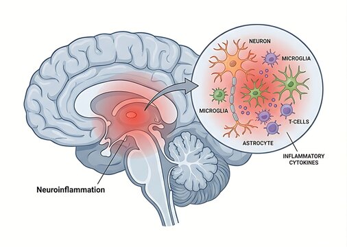 Medical illustration showing neuroinflammation and microglia activity