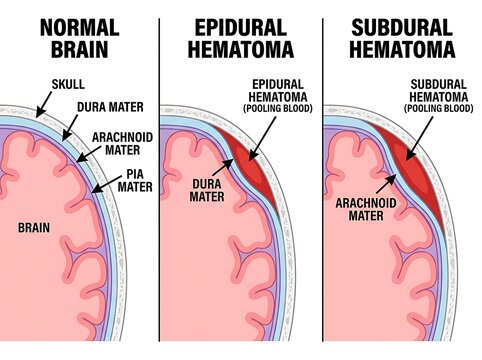 Diagram comparing epidural and subdural hematoma layers in human brain anatomy