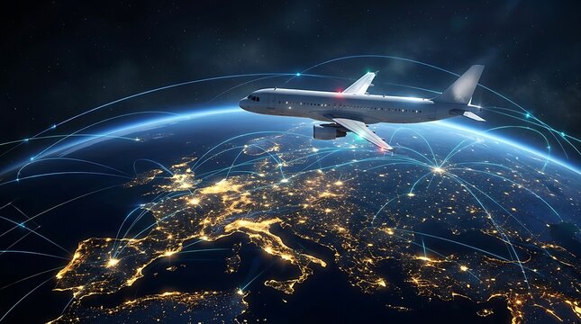 Commercial airplane flying over earth at night with city lights night flight earth from space air travel jet plane