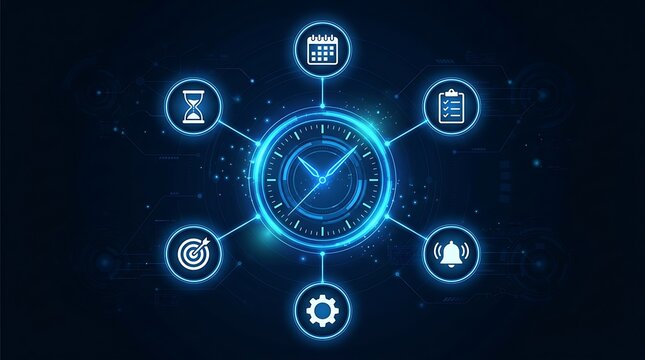 Digital clock interface with glowing icons for time management planning and business productivity