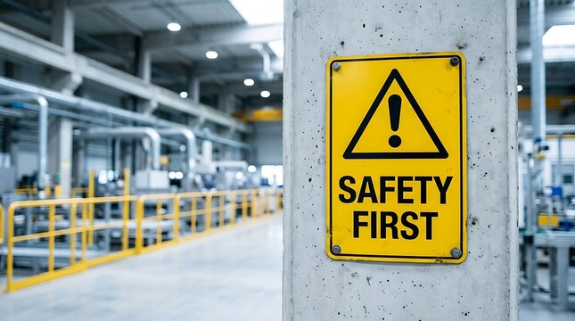 Safety first warning sign mounted on a concrete pillar in an industrial factory setting with industrial plant