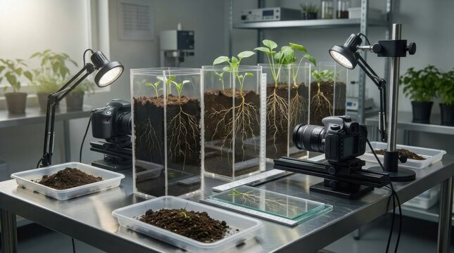 Research laboratory setup captures a scientific study of plant root growth using transparent glass containers filled with soil under controlled artificial light conditions.