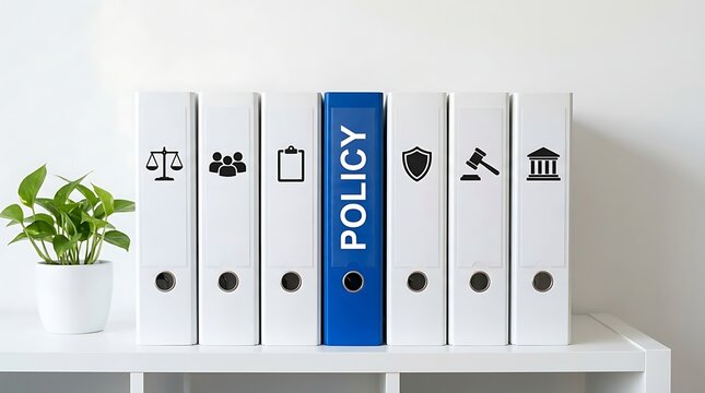 Blue policy binder among white business folders on office shelf with office supplies legal documents business administ