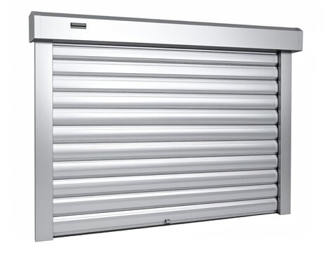 A closed, silver, metal roller shutter door with horizontal ribbed texture
