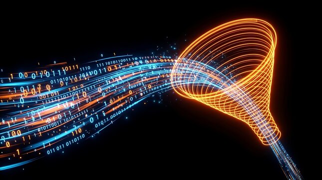 Digital data stream flowing into a glowing funnel representing information filtering and processing with big data