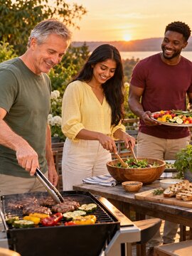 Friends preparing grilled food and fresh salad together at golden hour
