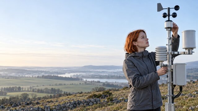 Weather Technician Inspecting Outdoor Sensors Above Quiet Morning Fields