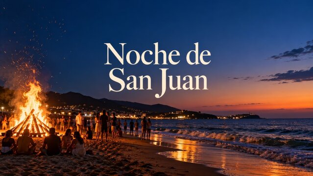 Beach bonfire and twilight waves beneath a large centered festive greeting