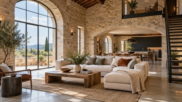 Renovated stone interior combining historic arches and contemporary furniture