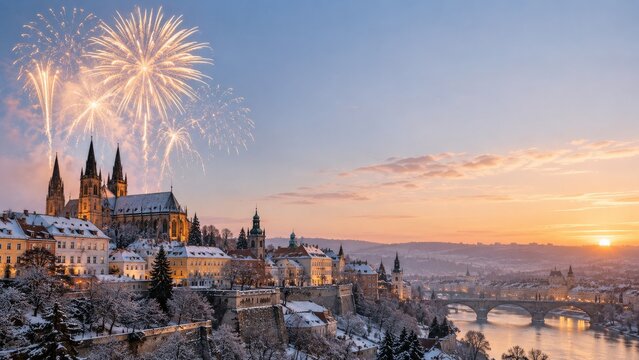 Golden Fireworks Over a Snow Covered Old Town and River at Sunrise