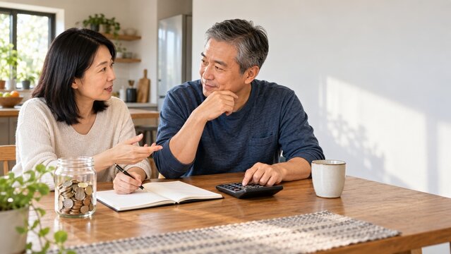 Couple planning household savings with a coin jar at a bright kitchen table