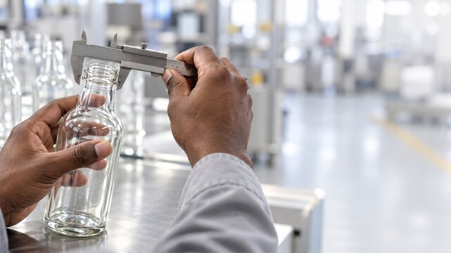 Quality Inspector Measuring a Clear Glass Bottle with a Precision Caliper