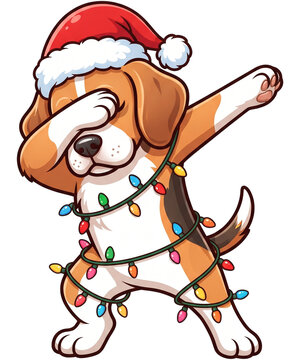 Funny dabbing beagle dog wearing a Santa Claus hat wrapped in colorful Christmas fairy lights vector illustration design