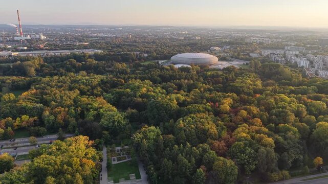 Aerial view of Tauron Arena and Polish Aviators Park in Krakow, Poland