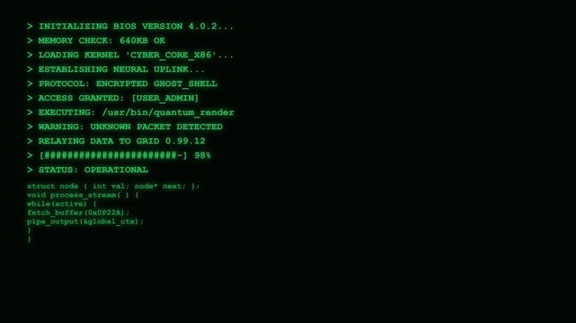 Green computer command terminal interface displaying system loading sequence and encrypted network protocols for advanced software development security monitoring and digital infrastructure