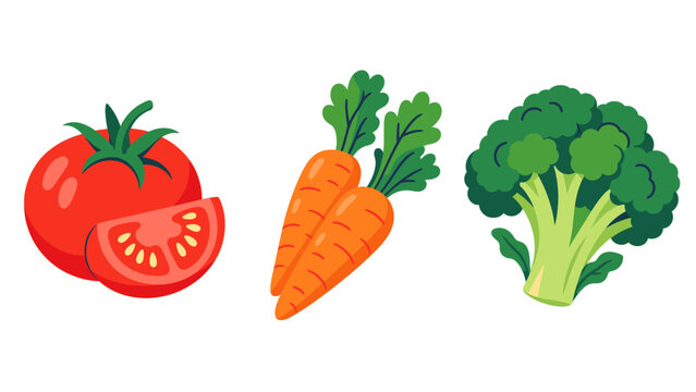 Colorful tomato carrot and broccoli illustrations