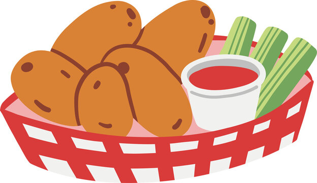 Fried chicken wings with celery sticks and dipping sauce basket vector illustration