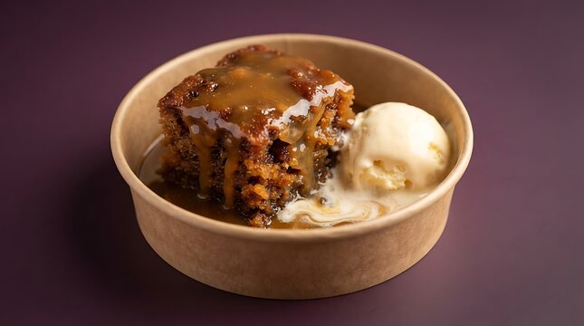 Warm sticky toffee pudding with a scoop of vanilla ice cream